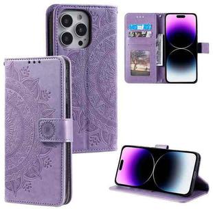 For iPhone 16 Pro Max Totem Flower Embossed Leather Phone Case(Purple)