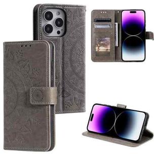 For iPhone 16 Pro Totem Flower Embossed Leather Phone Case(Grey)