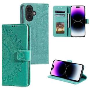 For iPhone 16 Totem Flower Embossed Leather Phone Case(Green)