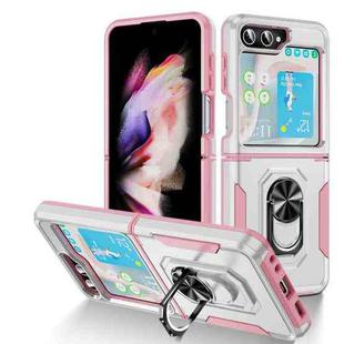 For Samsung Galaxy Z Flip5 5G Pioneer Armor PC + TPU Phone Case with Holder(White + Pink)