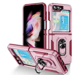 For Samsung Galaxy Z Flip5 5G Pioneer Armor PC + TPU Phone Case with Holder(Pink + Rose Red)