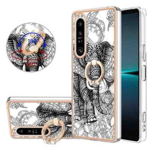 For Sony Xperia 1 IV Electroplating Dual-side IMD Phone Case with Ring Holder(Totem Elephant)