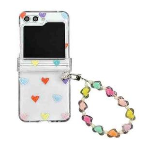 For Samsung Galaxy Z Flip5 Transparent PC All Inclusive Hinge Folding Phone Case with Bracelet(Colorful Hearts)