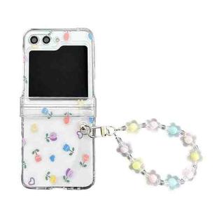 For Samsung Galaxy Z Flip5 Transparent PC All Inclusive Hinge Folding Phone Case with Bracelet(Colorful Flower)