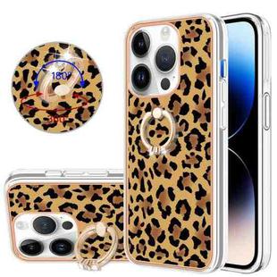 For iPhone 15 Pro Electroplating Dual-side IMD Phone Case with Ring Holder(Leopard Print)