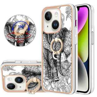 For iPhone 15 Electroplating Dual-side IMD Phone Case with Ring Holder(Totem Elephant)