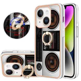 For iPhone 15 Electroplating Dual-side IMD Phone Case with Ring Holder(Retro Radio)