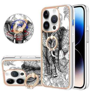 For iPhone 14 Pro Electroplating Dual-side IMD Phone Case with Ring Holder(Totem Elephant)