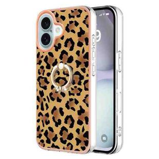 For iPhone 16 Plus Electroplating Dual-side IMD Phone Case with Ring Holder(Leopard Print)