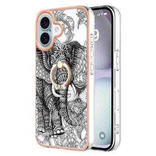 For iPhone 16 Plus Electroplating Dual-side IMD Phone Case with Ring Holder(Totem Elephant)