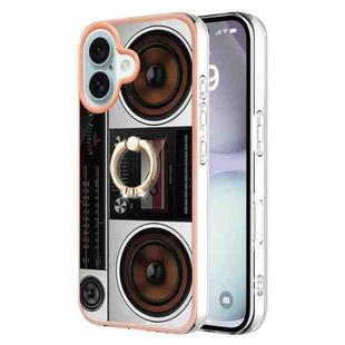 For iPhone 16 Plus Electroplating Dual-side IMD Phone Case with Ring Holder(Retro Radio)