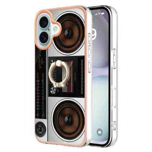 For iPhone 16 Electroplating Dual-side IMD Phone Case with Ring Holder(Retro Radio)