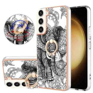 For Samsung Galaxy S23+ 5G Electroplating Dual-side IMD Phone Case with Ring Holder(Totem Elephant)