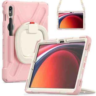 For Samsung Galaxy Tab S9 / S8 / S7 Silicone Hybrid PC Tablet Case with Holder & Shoulder Strap(Pink)
