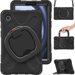 For Samsung Galaxy Tab A9 Silicone Hybrid PC Tablet Case with Holder & Shoulder Strap(Black)