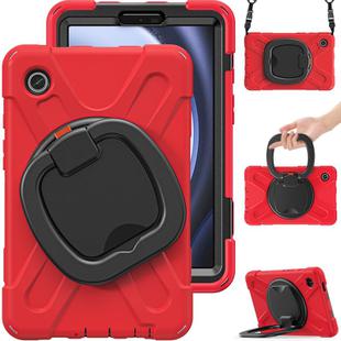 For Samsung Galaxy Tab A9 Silicone Hybrid PC Tablet Case with Holder & Shoulder Strap(Red)