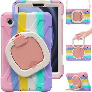 For Samsung Galaxy Tab A9 Silicone Hybrid PC Tablet Case with Holder & Shoulder Strap(Colorful Pink)