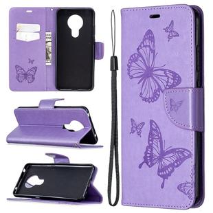 For Nokia 5.3 Two Butterflies Embossing Pattern Horizontal Flip Leather Case with Holder & Card Slot & Wallet & Lanyard(Purple)