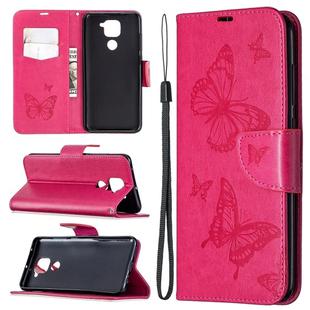 For Xiaomi Redmi Note 9 Two Butterflies Embossing Pattern Horizontal Flip Leather Case with Holder & Card Slot & Wallet & Lanyard(Rose Red)
