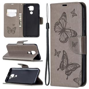 For Xiaomi Redmi Note 9 Two Butterflies Embossing Pattern Horizontal Flip Leather Case with Holder & Card Slot & Wallet & Lanyard(Grey)
