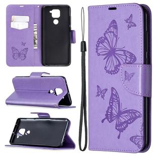 For Xiaomi Redmi Note 9 Two Butterflies Embossing Pattern Horizontal Flip Leather Case with Holder & Card Slot & Wallet & Lanyard(Purple)