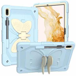 For Samsung Galaxy Tab S9 Butterfly Kickstand Heavy Duty Hard Rugged Tablet Case(Beige+Ice Blue)