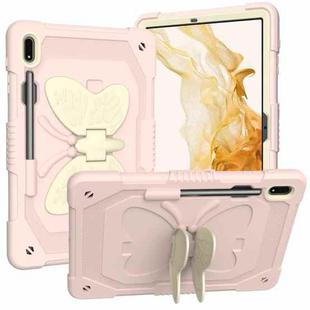 For Samsung Galaxy Tab S9 Butterfly Kickstand Heavy Duty Hard Rugged Tablet Case(Beige+Rose Pink)