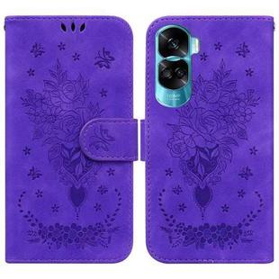 For Honor 90 Lite Butterfly Rose Embossed Leather Phone Case(Purple)