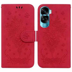 For Honor 90 Lite Butterfly Rose Embossed Leather Phone Case(Red)