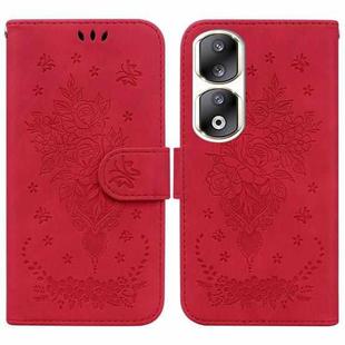 For Honor 90 Pro Butterfly Rose Embossed Leather Phone Case(Red)