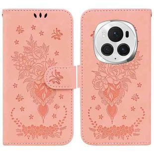 For Honor Magic6 Pro Butterfly Rose Embossed Leather Phone Case(Pink)