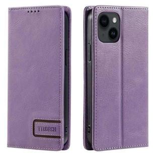 For iPhone 15 TTUDRCH RFID Retro Texture Magnetic Leather Phone Case(Purple)