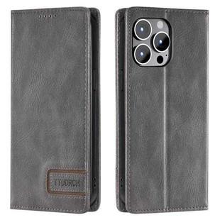 For iPhone 14 Pro Max TTUDRCH RFID Retro Texture Magnetic Leather Phone Case(Grey)