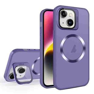 For iPhone 15 Skin Feel CD Texture MagSafe Lens Holder Phone Case(Dark Purple)