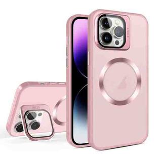 For iPhone 14 Pro Max Skin Feel CD Texture MagSafe Lens Holder Phone Case(Pink)