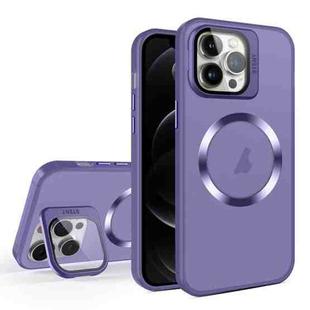 For iPhone 12 Pro Max Skin Feel CD Texture MagSafe Lens Holder Phone Case(Dark Purple)