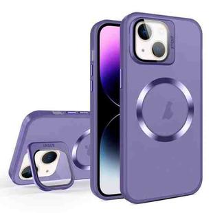 For iPhone 14 Plus Skin Feel CD Texture MagSafe Lens Holder Phone Case(Dark Purple)