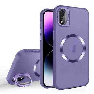 For iPhone XR Skin Feel CD Texture MagSafe Lens Holder Phone Case(Dark Purple)
