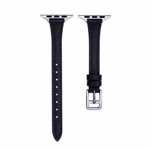 For Apple Watch 8 45mm T-shaped Slim Genuine Leather Watch Band(Black)