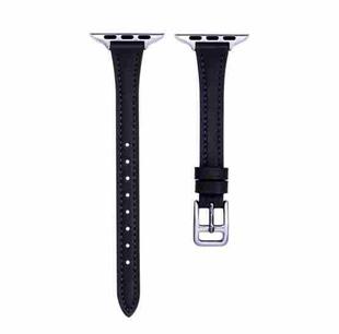 For Apple Watch Series 8 45mm T-shaped Slim Genuine Leather Watch Band(Black)