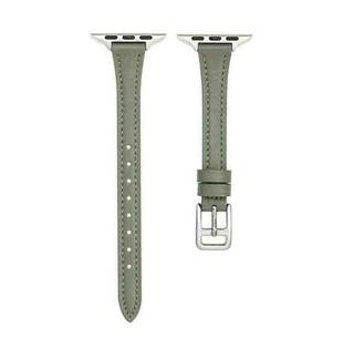 For Apple Watch 7 41mm T-shaped Slim Genuine Leather Watch Band(Light Green)