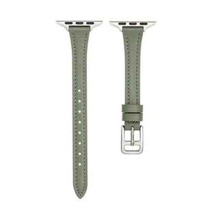 For Apple Watch SE 44mm T-shaped Slim Genuine Leather Watch Band(Light Green)