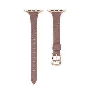 For Apple Watch Series 6 44mm T-shaped Slim Genuine Leather Watch Band(Light Brown)