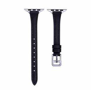 For Apple Watch Series 9 41mm T-shaped Slim Genuine Leather Watch Band(Black)