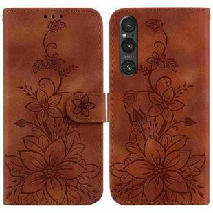 For Sony Xperia 1 V Lily Embossed Leather Phone Case(Brown)