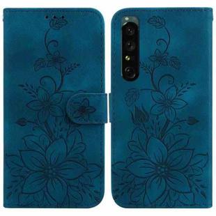 For Sony Xperia 1 IV Lily Embossed Leather Phone Case(Dark Blue)