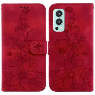 For OnePlus Nord 2 5G Lily Embossed Leather Phone Case(Red)