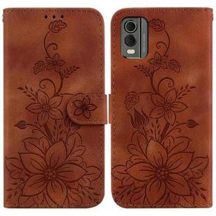 For Nokia C32 Lily Embossed Leather Phone Case(Brown)