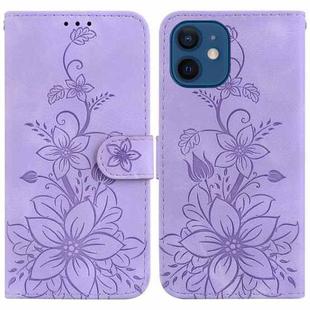 For iPhone 12 / 12 Pro Lily Embossed Leather Phone Case(Purple)