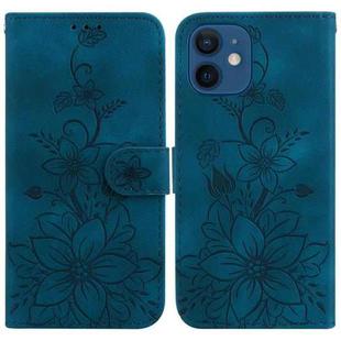 For iPhone 12 / 12 Pro Lily Embossed Leather Phone Case(Dark Blue)